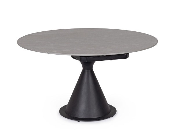 Masă rotundă extensibilă Jonni, 4-6 persoane, blat din gresie porțelanată gri, bază oțel negru, diametru 85-135 cm