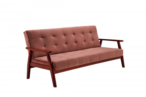 Canapea extensibilă din catifea cu cadru din lemn de eucalipt roz, 3 locuri
