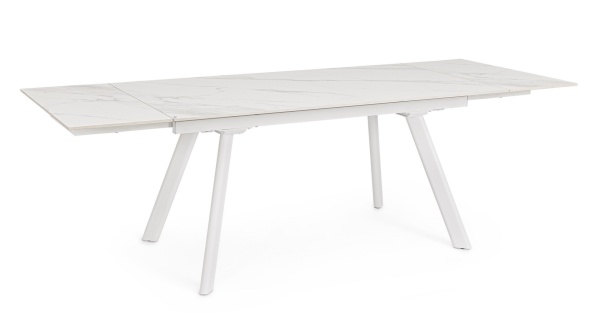 Masă dining extensibilă Jarkko, 8-10 persoane, blat din gresie porțelanată efect marmură și bază din oțel, alb mat, 160-240x90 cm