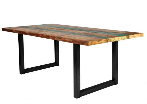 Masa dreptunghiulara cu blat din lemn de tec reciclat Tables & Benches 220 x 100 x 76,5 cm multicolor/neagra