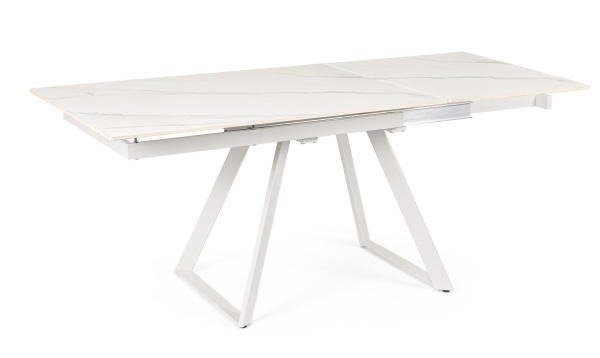 Masă extensibilă Reeta, blat gresie porțelanată efect marmură, 4-6 locuri, alb/alb, 120-180x90 cm
