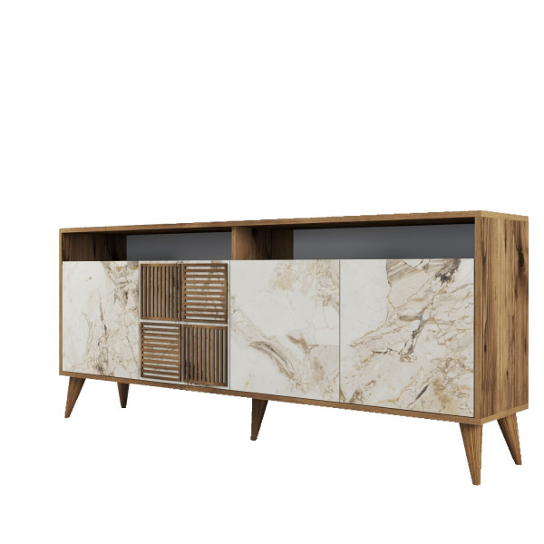 Servanta din pal melaminat Milano nuc si marmură alba 180x78,6x35 cm