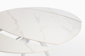 Masă rotundă extensibilă, 2-6 locuri, blat ceramică porțelanată efect marmură, bază din oțel, alb/alb, diametru 87/135 cm - Img 6