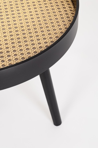 Măsuță de cafea JOSINE, rotundă, blat MDF cu inserții de ratan și picioare din lemn de pin, neagră, diametru 50 cm - Img 4