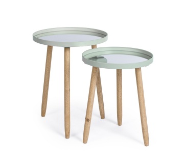 Set 2 măsuțe de cafea Edvard, cu blat tip oglindă și picioare din lemn de cauciuc, structură din oțel vopsit epoxidic, verde salvie, diametre 35,5 cm și 40 cm - Img 3