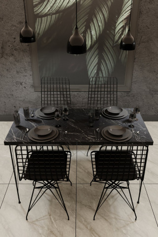 Set masa dreptunghiulara aspect marmura cu 4 scaune din cadru metalic si pernuta 120x60 cm - Img 2