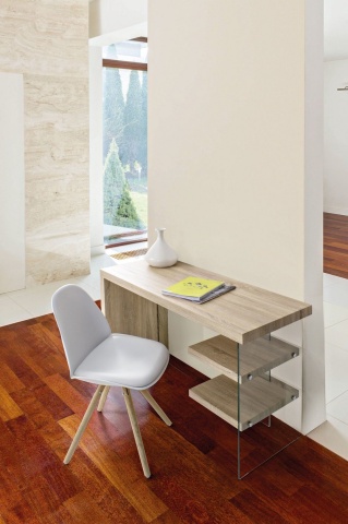 Birou Bilbao, cu 2 rafturi și elemente din sticlă, aspect lemnos, 120 x 50 x 76 cm - Img 6