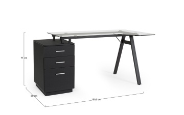 Birou Charlie cu corp de sertare, cadru metalic și blat din sticlă, negru, 150.5x80x75 cm - Img 2