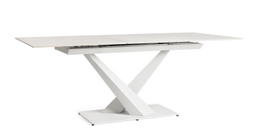 Masă dining extensibilă Johannes pentru 6-8 persoane, cu blat din gresie porțelanată cu efect de marmură și bază din oțel, albă, 160-200x90x75 cm - Img 1