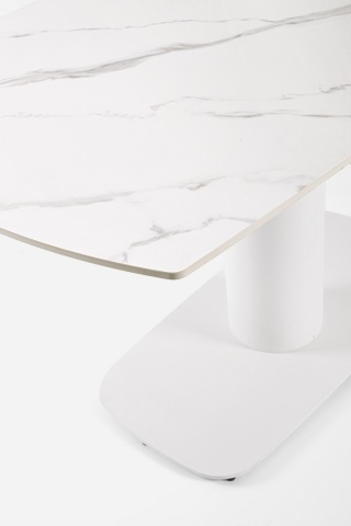 Masă dining Jeremias, extensibilă pentru 6-8 persoane, blat din gresie porțelanată cu efect de marmură albă mată, bază din oțel, 140-200x80x75 cm - Img 5