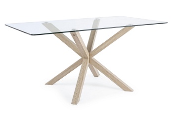 Picioare metalice cu finisaj aspect lemn masă fixă May, dreptunghiulară, pentru 6 persoane, blat din sticlă securizată, 160x90 cm - Img 1