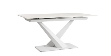 Masă dining extensibilă Johannes pentru 6-8 persoane, cu blat din gresie porțelanată cu efect de marmură și bază din oțel, albă, 160-200x90x75 cm - Img 2