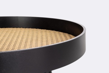 Măsuță de cafea JOSINE, rotundă, blat MDF cu inserții de ratan și picioare din lemn de pin, neagră, diametru 50 cm - Img 5
