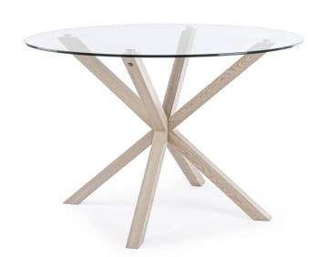 Picioare metalice cu finisaj aspect lemn masă fixă May, rotundă, pentru 4 persoane, blat din sticlă securizată, Ø114 cm - Img 1