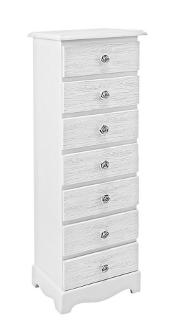Comodă cu 7 sertare, finisaj alb mat cu efect albit, 29x23x89 cm - Img 1