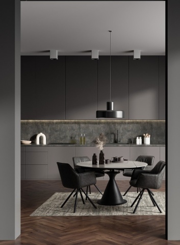 Masă rotundă extensibilă Jonni, 4-6 persoane, blat din gresie porțelanată gri, bază oțel negru, diametru 85-135 cm - Img 6