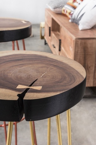 Scaun de bar, design nordic, din lemn masiv și oțel vopsit electrostatic, auriu, înălțime 74 cm - Img 5