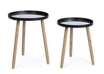Set 2 măsuțe de cafea Edvard, cu blat tip oglindă și picioare din lemn de cauciuc, structură din oțel vopsit epoxidic, negru, diametre 35,5 cm și 40 cm - Img 1