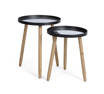 Set 2 măsuțe de cafea Edvard, cu blat tip oglindă și picioare din lemn de cauciuc, structură din oțel vopsit epoxidic, negru, diametre 35,5 cm și 40 cm - Img 3