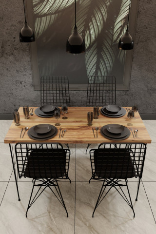 Set masa dreptunghiulara aspect lemn cu 4 scaune din cadru metalic si pernuta 120x60 cm - Img 2