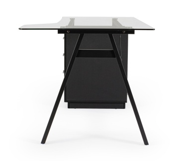 Birou Charlie cu corp de sertare, cadru metalic și blat din sticlă, negru, 150.5x80x75 cm - Img 6