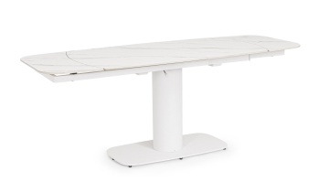 Masă dining Jeremias, extensibilă pentru 6-8 persoane, blat din gresie porțelanată cu efect de marmură albă mată, bază din oțel, 140-200x80x75 cm - Img 1