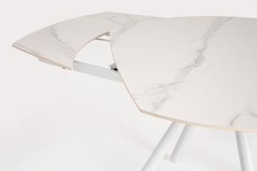 Masa dining Raita, 4-6 persoane, extensibilă, cu blat din gresie porțelanată efect marmură alb și bază din oțel vopsit epoxidic alb, 119-178x89.4 cm - Img 6