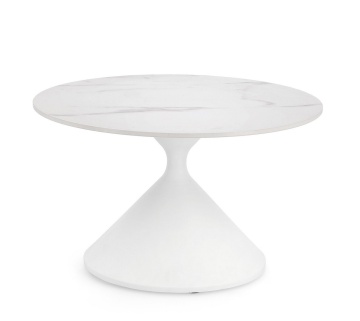 Măsuță de cafea Joona, rotundă, cu blat din gresie porțelanată efect marmură mată și bază din oțel, albă, diametru 70 cm - Img 1