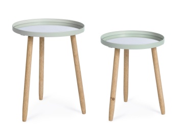 Set 2 măsuțe de cafea Edvard, cu blat tip oglindă și picioare din lemn de cauciuc, structură din oțel vopsit epoxidic, verde salvie, diametre 35,5 cm și 40 cm - Img 1