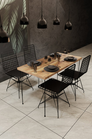 Set masa dreptunghiulara aspect lemn cu 4 scaune din cadru metalic si pernuta 120x60 cm - Img 1