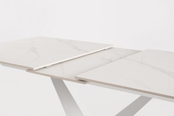 Masă dining extensibilă Johannes pentru 6-8 persoane, cu blat din gresie porțelanată cu efect de marmură și bază din oțel, albă, 160-200x90x75 cm - Img 6
