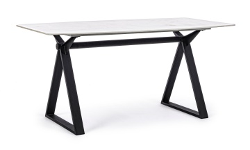 Masă dining Paloma, 6 persoane, blat sticlă securizată efect marmură, picioare metalice, 160x90 cm - Img 1