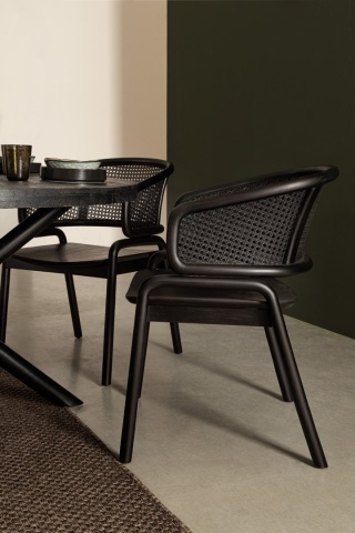 Scaun vintage Keith cu brațe, lemn de tec și ratan, negru, 56 x 60.5 x 83 cm - Img 9