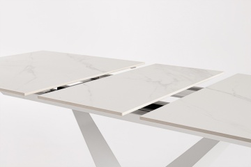 Masă dining extensibilă Johannes pentru 6-8 persoane, cu blat din gresie porțelanată cu efect de marmură și bază din oțel, albă, 160-200x90x75 cm - Img 7
