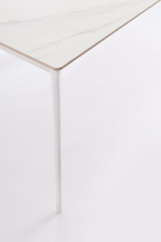 Masă dining fixă Reija, dreptunghiulară, cu blat din gresie porțelanată cu efect de marmură alb și picioare din oțel vopsit alb, 180x90x76 cm - Img 3