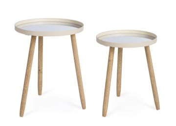 Set 2 măsuțe de cafea Edvard, cu blat tip oglindă și picioare din lemn de cauciuc, structură din oțel vopsit epoxidic, ivoriu, diametre 35,5 cm și 40 cm - Img 1