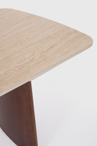 Masă dining extensibilă Mailis, 6-10 persoane, blat din gresie porțelanată efect marmură, picioare finisaj nuc, 180/260 x 90 cm - Img 5