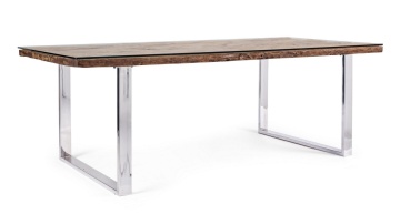 Masă fixă Stanton, 8 persoane, blat din lemn reciclat cu sticlă temperată, picioare din oțel inoxidabil, 220x100x76 cm - Img 1