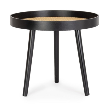 Măsuță de cafea JOSINE, rotundă, blat MDF cu inserții de ratan și picioare din lemn de pin, neagră, diametru 50 cm - Img 3