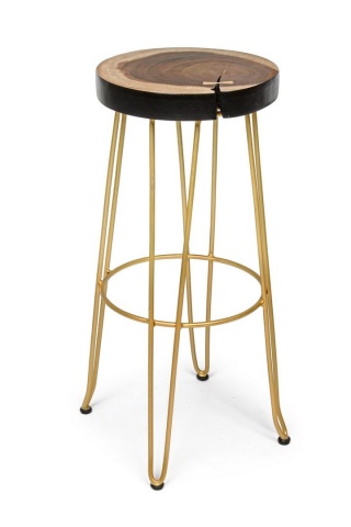 Scaun de bar, design nordic, din lemn masiv și oțel vopsit electrostatic, auriu, înălțime 74 cm - Img 1