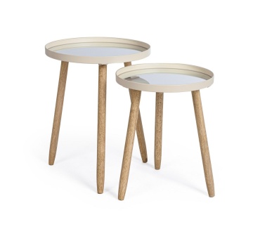 Set 2 măsuțe de cafea Edvard, cu blat tip oglindă și picioare din lemn de cauciuc, structură din oțel vopsit epoxidic, ivoriu, diametre 35,5 cm și 40 cm - Img 3