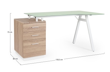Birou Charlie cu corp de sertare, cadru metalic și blat din sticlă, alb, 150.5x80x75 cm - Img 2