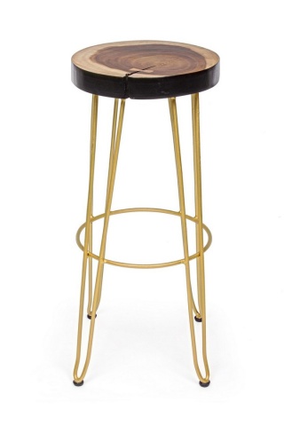 Scaun de bar, design nordic, din lemn masiv și oțel vopsit electrostatic, auriu, înălțime 74 cm - Img 3
