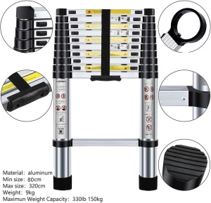 Scara telescopica din aluminiu, 1 tronson x 11 trepte, lungime 3.2m, 150 kg