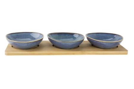 Platou lemn bamboo cu 3 boluri albastre Cosy&Trendy 31 x 11 x h 4 cm