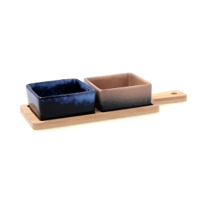 Set servire platou lemn cu 2 boluri portelan MOANA - 5426995