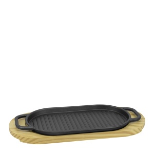 Vas servire fonta cu suport lemn oval Horecano 30 x 17 cm
