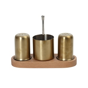 Set sare & piper inox cu tava lermn Gold 4 piese
