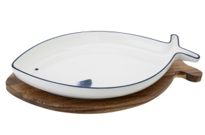 Set servire 2 piese -platou lemn + platou peste portelan Cosy&Trendy Branzino 29,5 x 16 cm