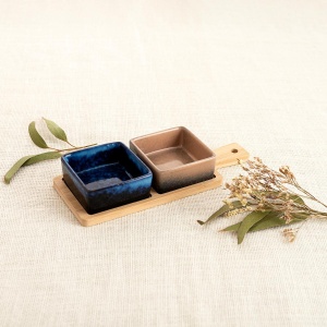 Set servire platou lemn cu 2 boluri portelan MOANA - 5426995 - Img 2